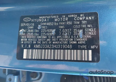 2017 Hyundai Tucson Eco z USA, uszkodzony, nr VIN KM8J33A23HU319048